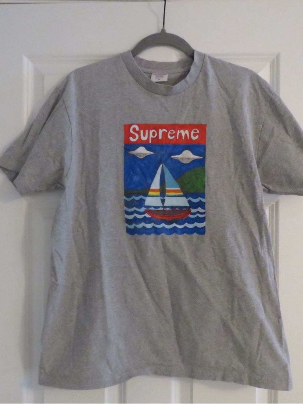 Supreme Gray Crewneck Tee with Red Logo
